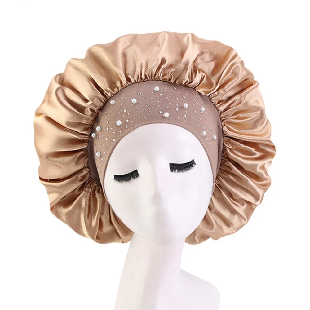 1Pcs Night Cap Skin-friendly Breathable Fabric Rhinestone Women Sleeping Hat for Travel Thick Shower Cap Bathroom Accessories