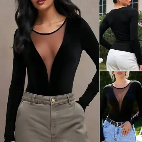 Womens Black Velvet T-Shirt Autumn Slim Fit See Through Long Sleeve Deep V Neck Mesh Panel Sexy Casual Top