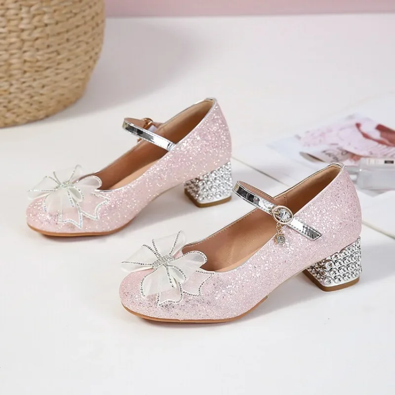 Neue Pailletten rosa Lolita Schuhe Prinzessin Schuhe Student niedlichen Mädchen klobigen Absatz Kristall Bogen Schuhe Silber Gold