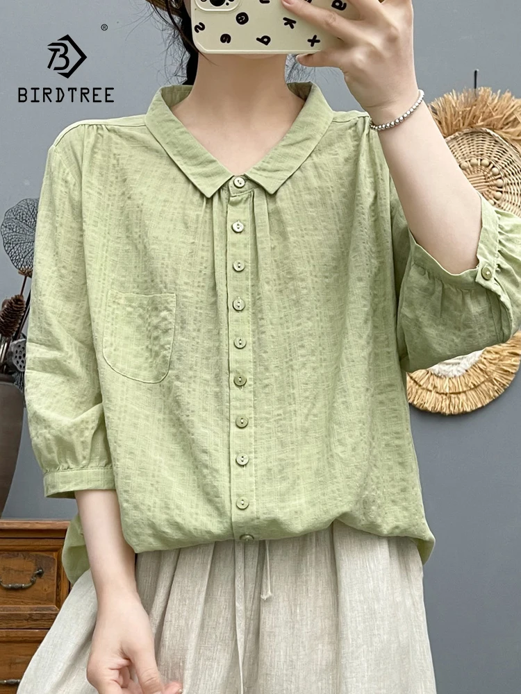 

New 2025 Summer Bubble Cotton Half Sleeve Shirt, Women Turn-down Collar Solid, Mori Girl Soft Retro Casual Loose Blouse T55942CC