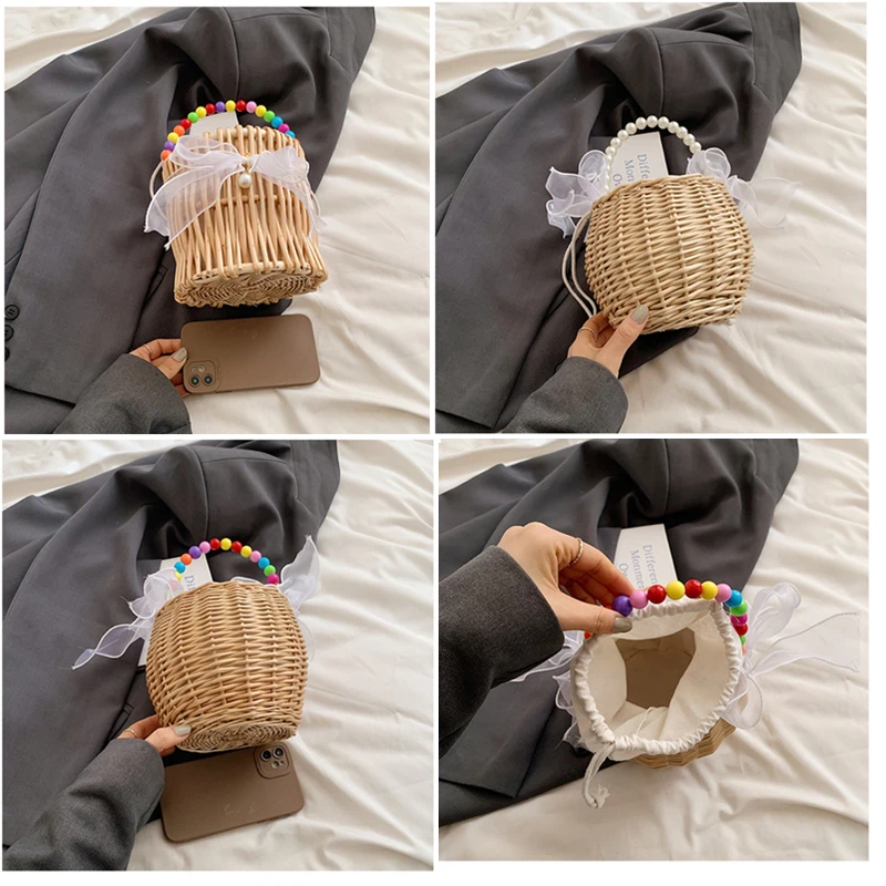 Vine Weaving Handwoven Handbag Luxury Vacation Travel Beach Women\'s Bag lace Pearl String Design Small Basket phone bag Wallet