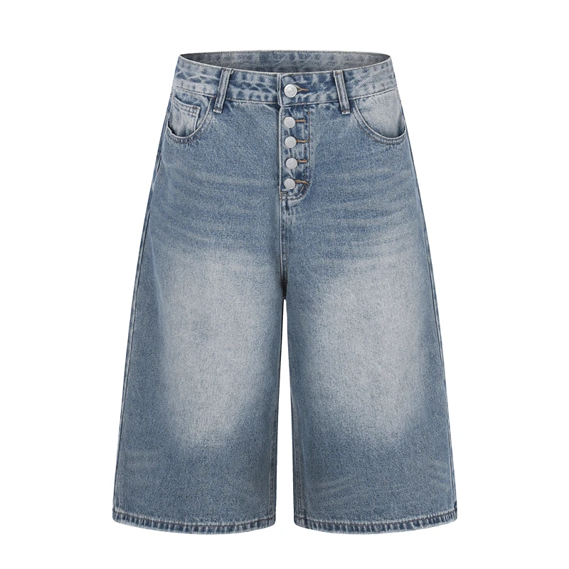 Gxfortune Shorts Jeans Lavados de Verão Unissex Estilo Americano Retrô Slim Versátil com Botões Decorativos na Cintura Média