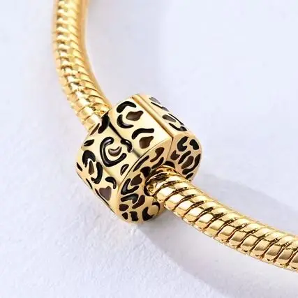 

925 Silver Bead Golden Leopard Print Fixed Clip Fit Charm Bracelet Diy For Woman Jewelry