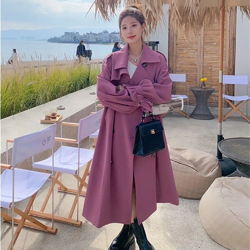 

2023 Fashion Double-breasted Trench Coat Women Long Windbreaker Spring Autumn Purple-red Cloak Overcoat Lady Casual Outerwear