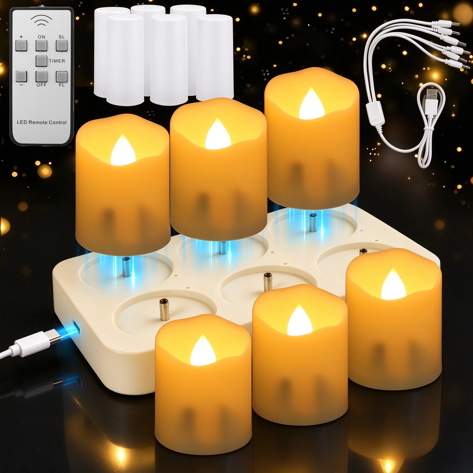 Rechargeable LED Candles with Charger Base Timer Remote Flicker Tealights Home Decoration Holiday Lights Electronic Candles ﻿
