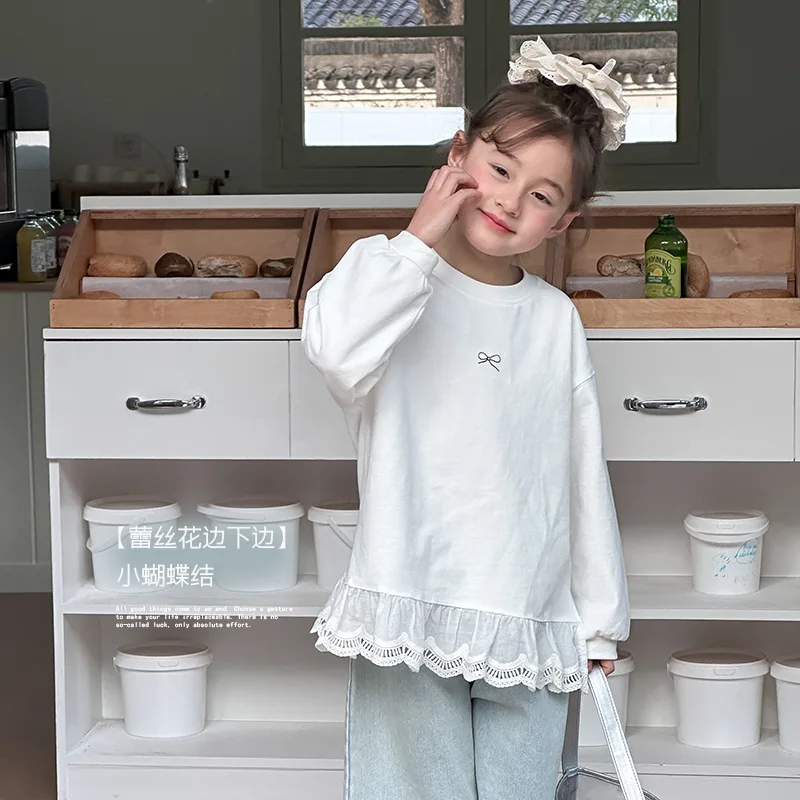 Girls' Sweet Hem Lace Border Base Shirt Children's Trendy Bow Print Long Sleeved T-shirt Trendy Girl Clothes