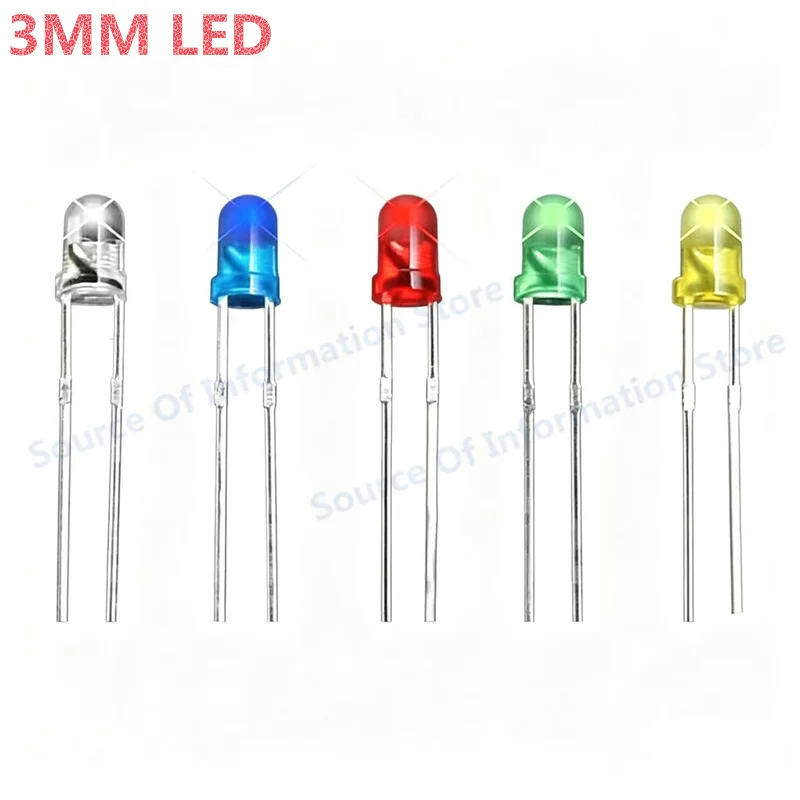 3mm LED'ler: 5 renk (beyaz, kırmızı, mavi, yeşil ve sarı) için her biri 100 adet.