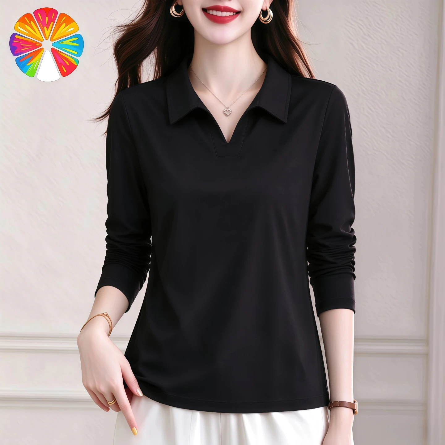 Long Sleeve T-Shirt Women's Base Shirt Spring Autumn Style 2026 Early Autumn Trendy Anti-Aging Flip Collar Quality Top