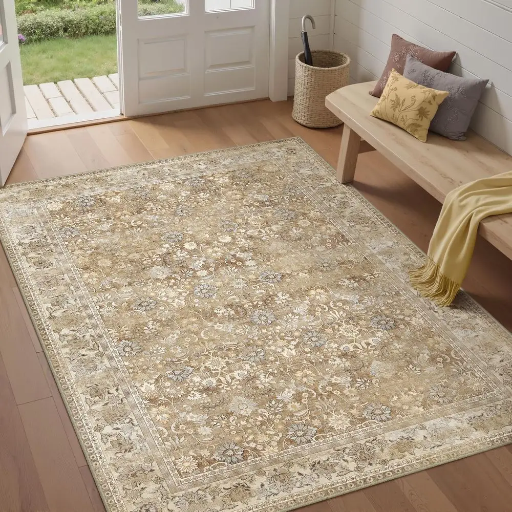 Brown and Beige 5x7 Machine Washable Rug - Soft Low Pile Floral Carpet for Hallway, Living Spaces, and More