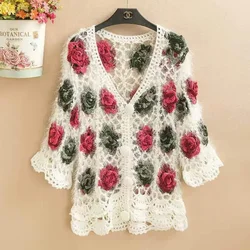 3D flower women cardigans mohair women crochet cardigans femme rose flower sweaters knitted tops