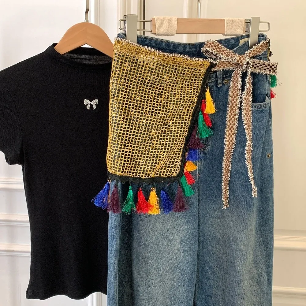 Mini Skirt Hollow Fringed Hip Panel Ethnic Style Retro Butt Curtain for Women Versatile Decor Apron Wrap Skirt Dress Accessories