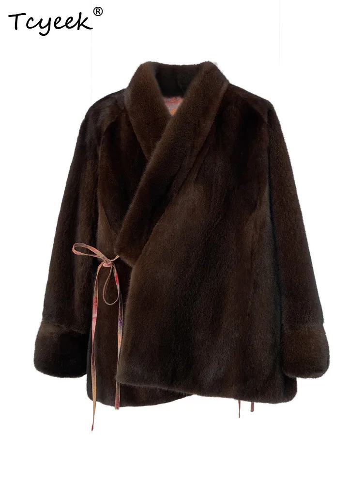 Tcyeek Natural Mink Fur Coat Woman Vintage Winter Jacket Real Whole Mink Coats Women Clothes Reversible Lace-up Fourrure Femme