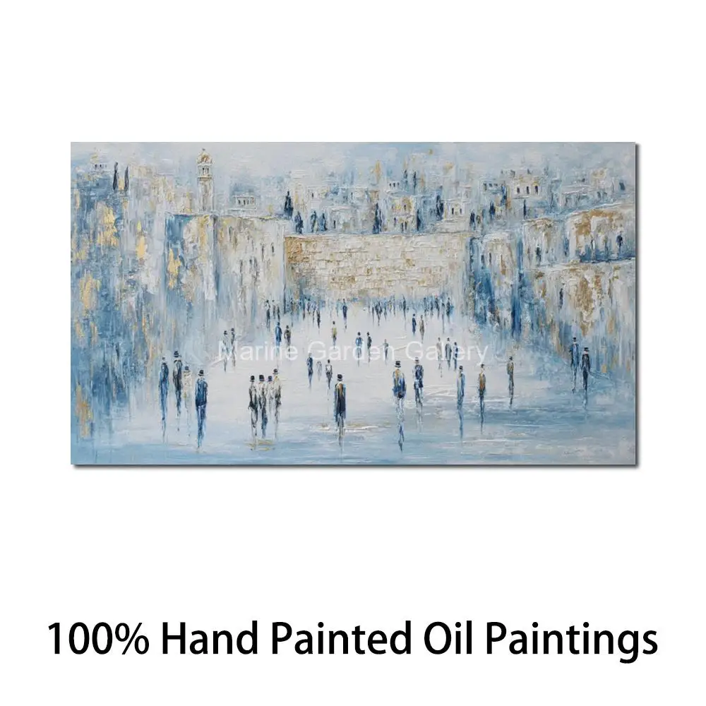 Original Jewish Painting Hand Painted Canvas Art Blue Kotel Textured Western Wall Jerusalem Painting Modern Dining Room Decor