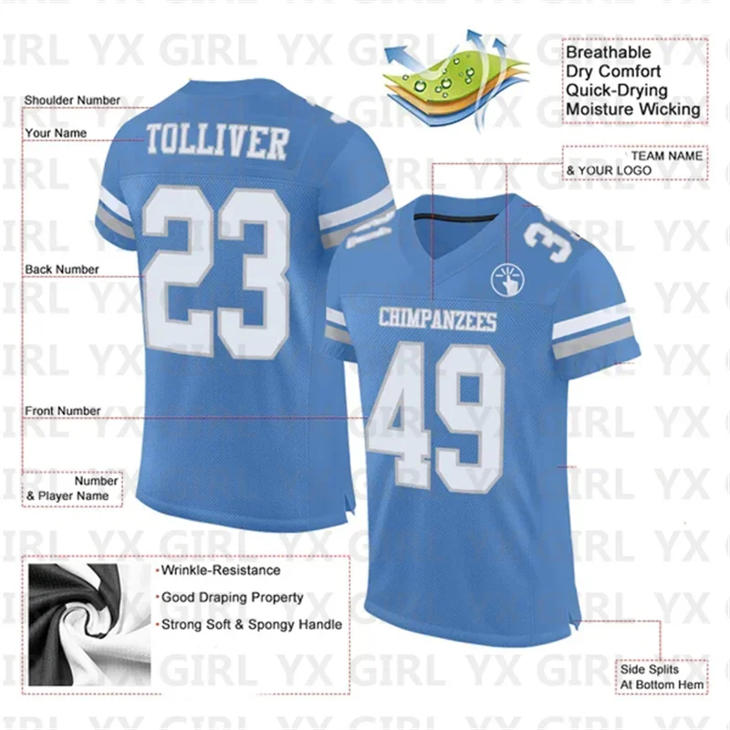 Custom Electric Blue White-Gray Mesh Authentic Football Jersey Personlized Team name you name number V-Neck Football T-Shirts