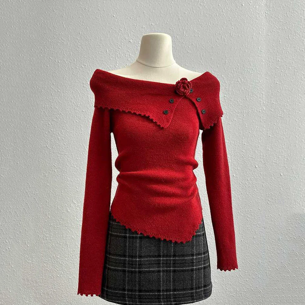 

Модные повседневные женские тонкие топы с открытыми плечами в стиле ретро, вязаные элегантные тонкие трикотажные изделия с длинными рукавами, винтажные шикарные однотонные топы нестандартной формы