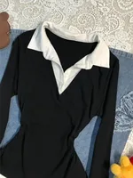 T-shirts Femme Effet Deux Pièces à Manches Longues, Col Rabattu, Mode Décontractée 2026 3