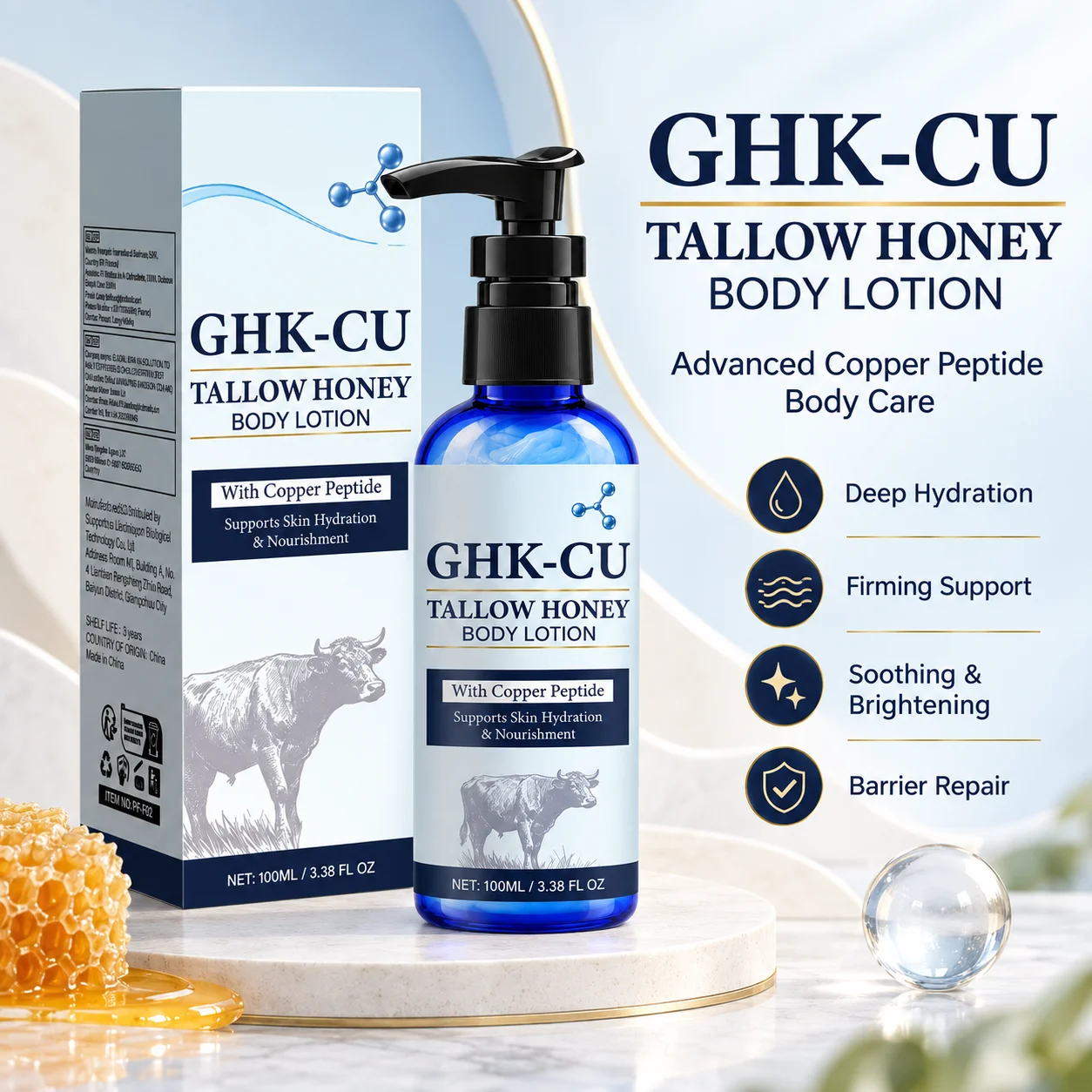 GHK-Cu Tallow Honey Body Lotion 100ml, Copper Peptide Hydrating Body Moisturizer, Deep Nourishing Lotion for Dry Rough Skin, Sof