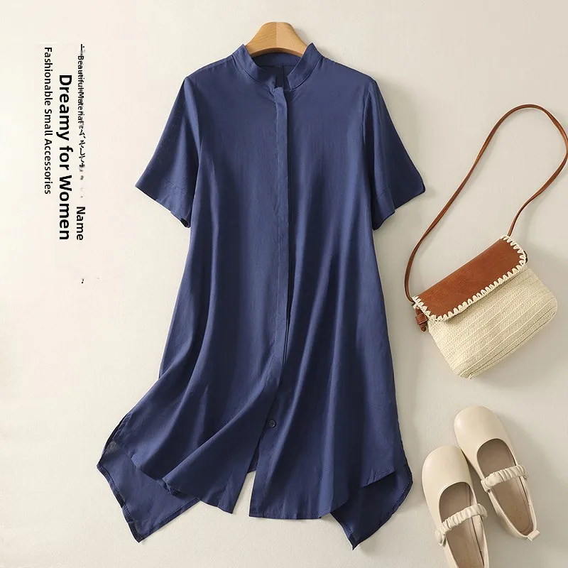 

Loose Cotton Linen Shirt Women's Artistic Style Mid-Length Summer Zen Fashion plus Size Inner Wear Straight Body Type