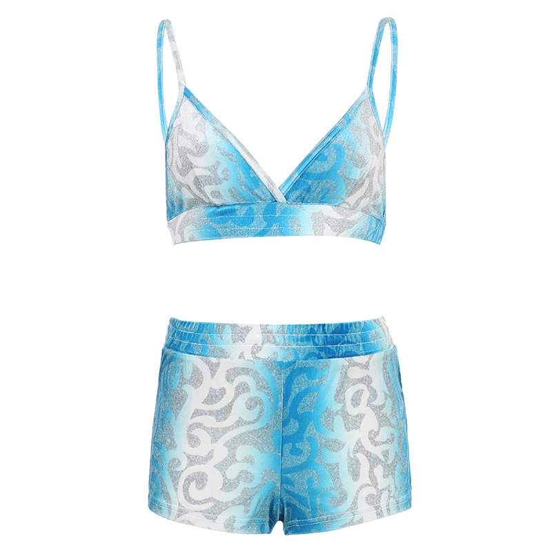 BIIKPIIK Sexy Print Shorts Sets Women Club Fashion Suits Casual Spaghetti Strap Bras + Elastic Shorts Unique Two Pieces Set 2024