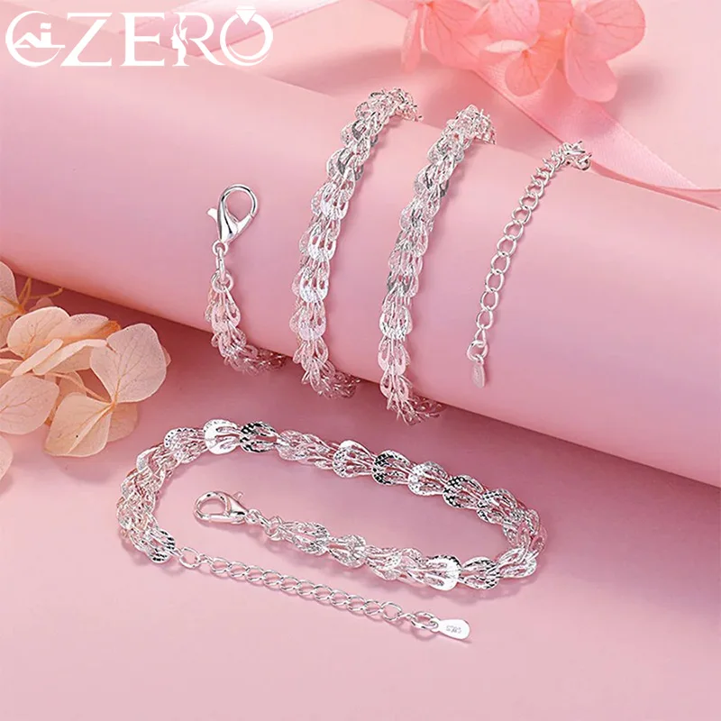 

High quality 925 Sterling silver lathes carved pattern chain bracelets neckalces jewelry set for women fashion Party wedding