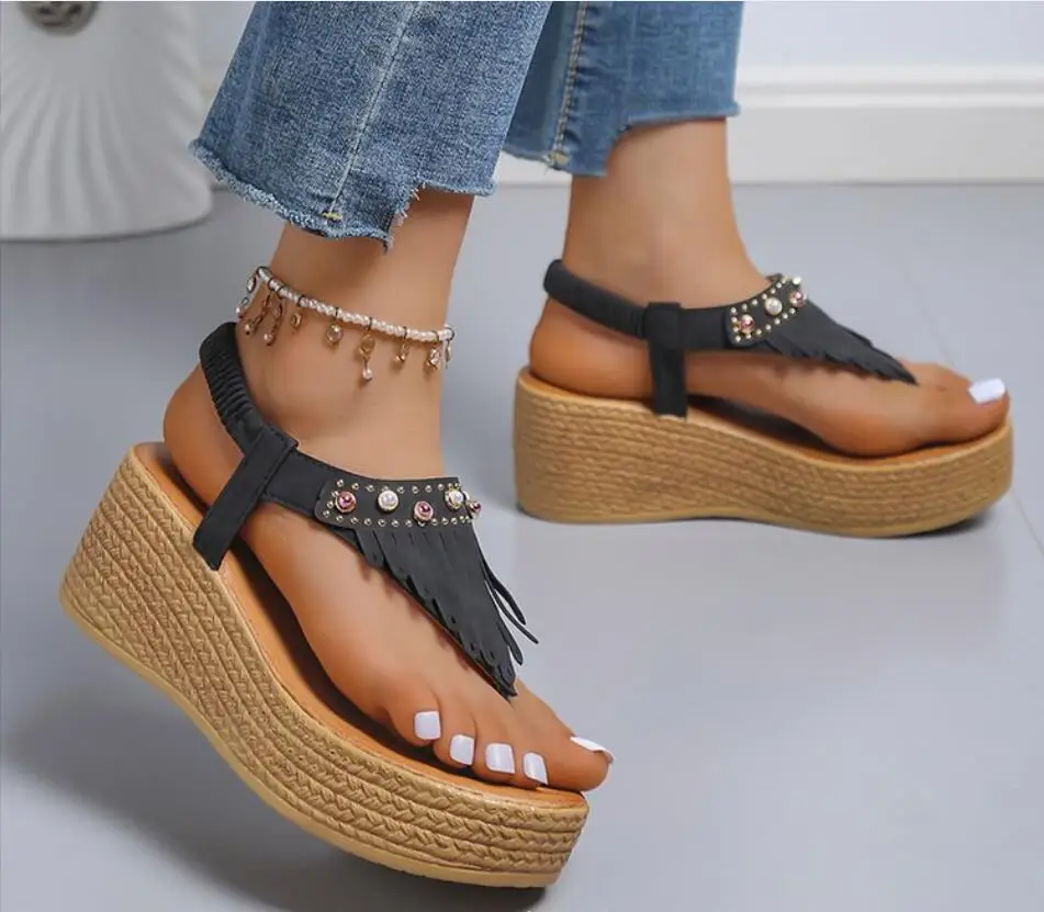 New Fringe fashion wedge sandals Tassels Clip Toe Summer Women Sandals lower Printed Wedges Sandals Woman Non Slip Casual Shoes