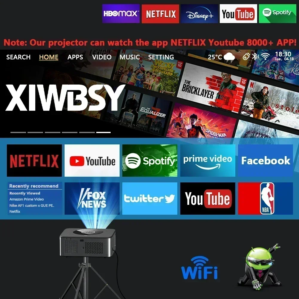 XWBSY Full HD 25000Lumens Projetor Android 4K WiFi6 Auto Keystone 800ANSI Projetor LED Vídeo Home Theater Projetor Portátil