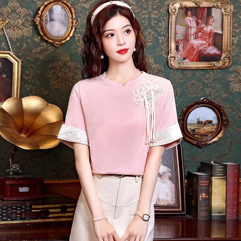 New Summer Short Sleeve Pink Women Blouse Casual Embroidery Blouse Shirt Women Tops Blusas Mujer De Moda 2024 Verano Blusa H753