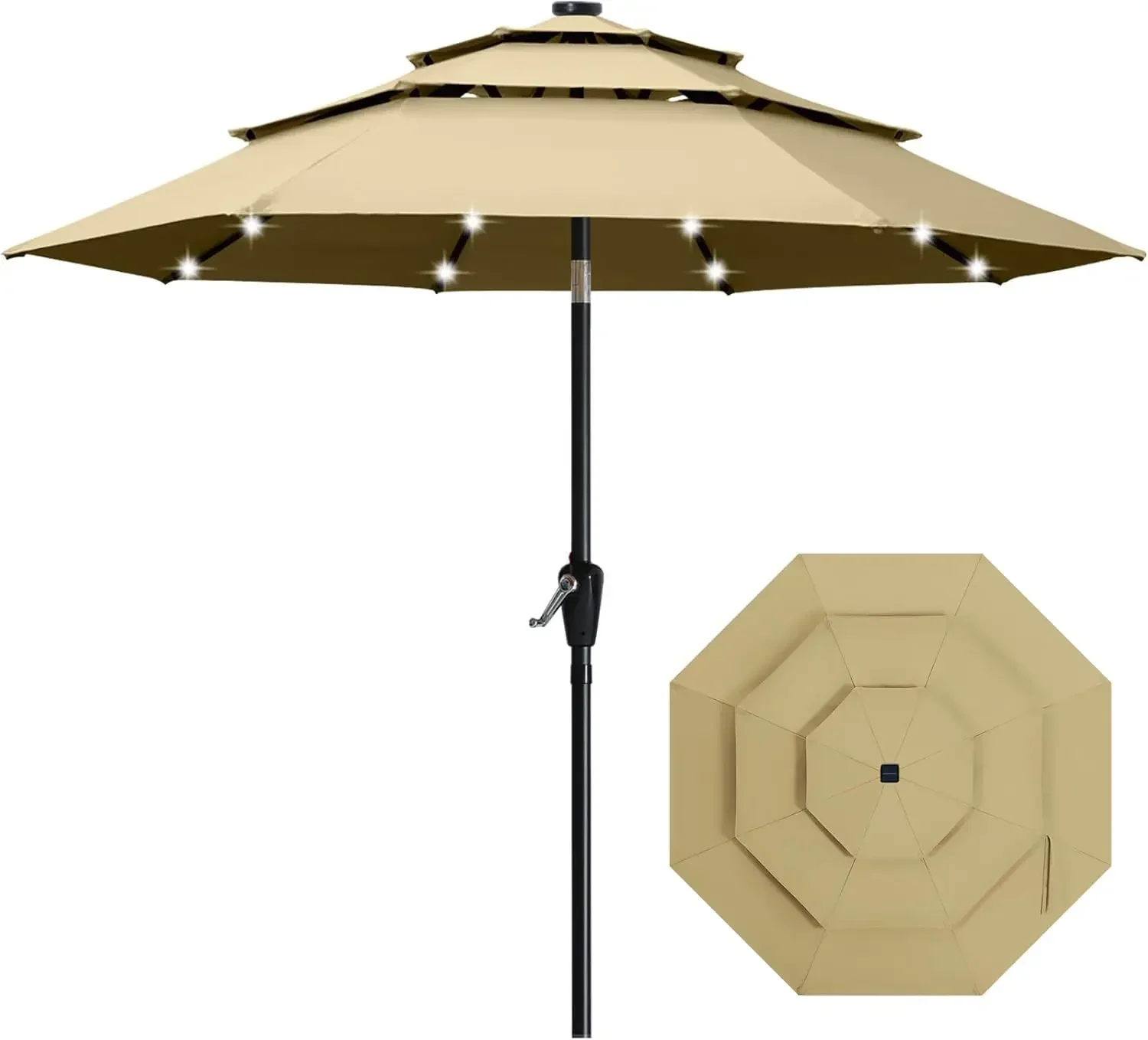 

3-Tiers 9FT Solar Patio Umbrella, Outdoor Umbrella with 32 LED Lights for for Deck, Pool, Garden, Backyard (Khaki)