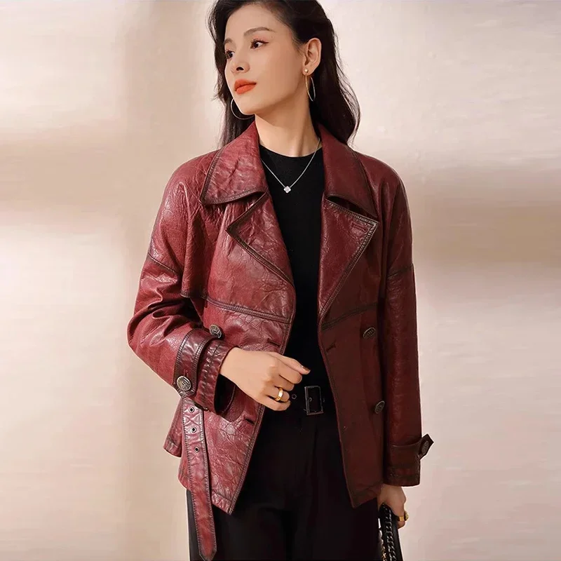 Leather Genuine Windbreaker Jacket Women Spring Autumn 2024 Trend Notched Collar Lace-up Double Breasted Natural Sheepskin Coat