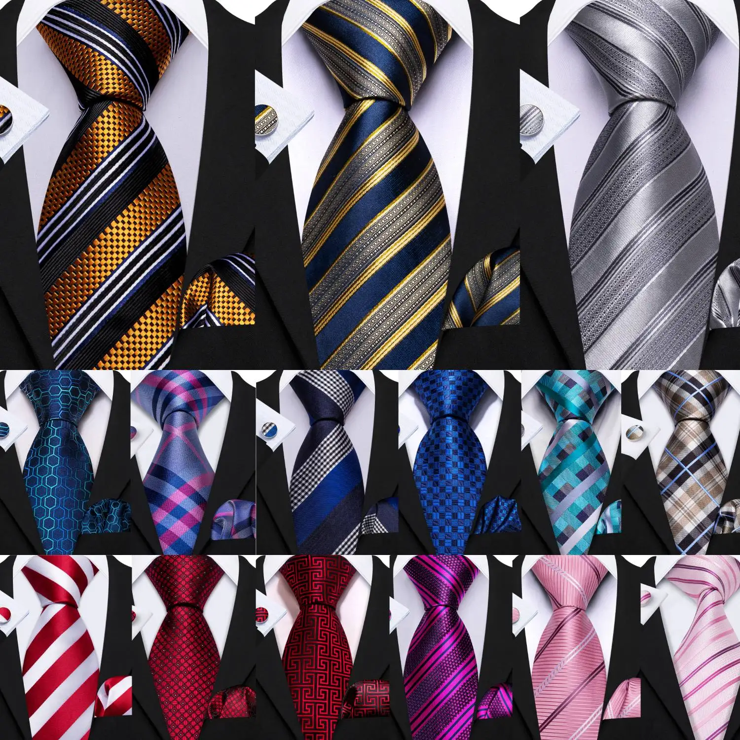 Barry.Wang Check Stripes Colorful Men's Tie With Pocket Square Cufflinks Set Exquisiet Necktie For Male Wedding Business