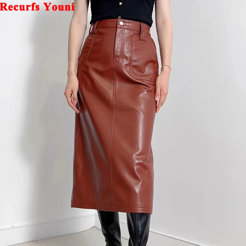 

New Women Genuine Leather Black/Red Long Maxi Skirts Femme Befree High Waist Big Pocket Slit Jupe Longue Pencil Faldas Mujer