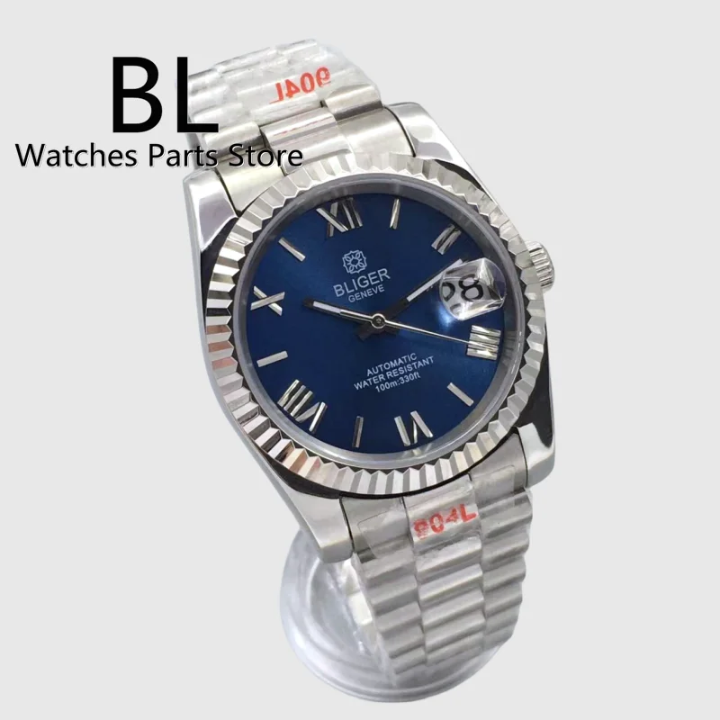 BLIGER-Montre automatique pour homme, placage NH35, mouvement zhu ata yota PT5000, lunette cannelée, saphir, verre, cadran bleu, Oyster Jubys, 36mm,
