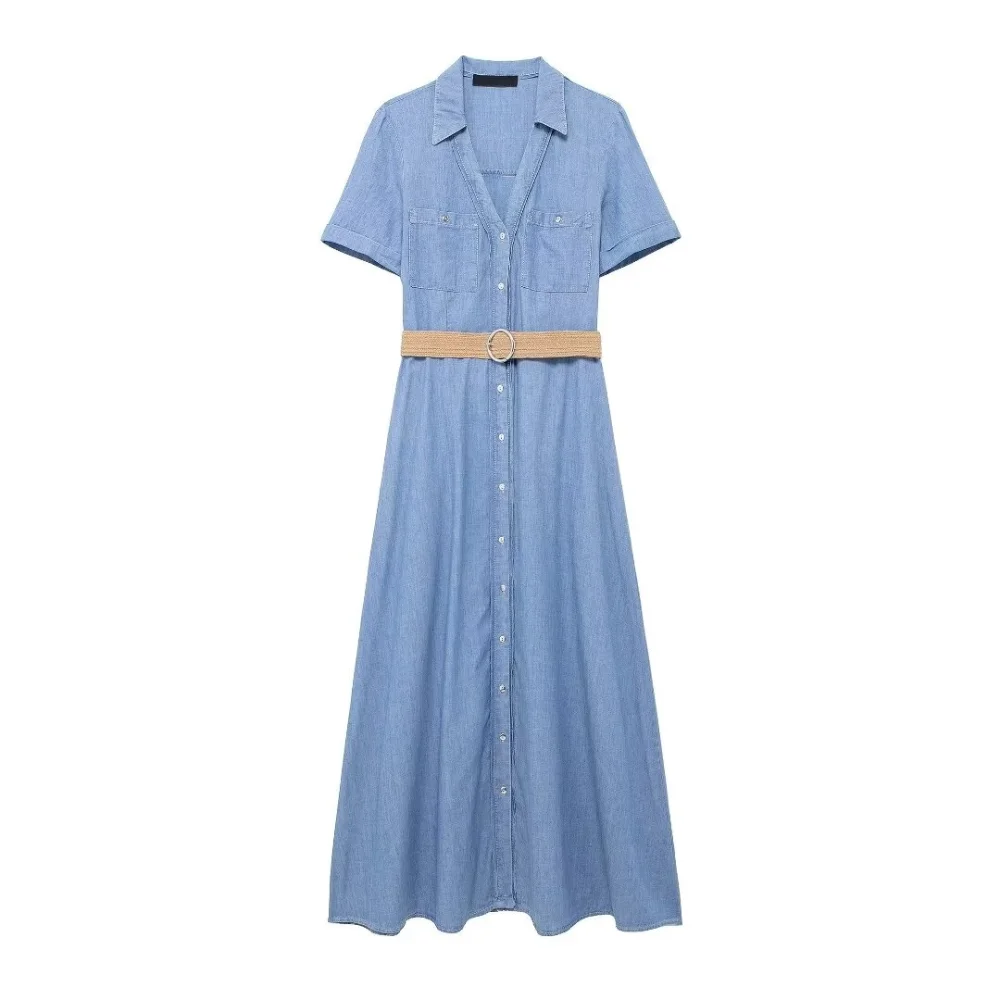 Tangada 2024 Women Blue Denim Midi Dress With Slash Female Loose A-line Dress 3H0550