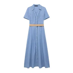 Tangada 2024 Women Blue Denim Midi Dress With Slash Female Loose A-line Dress 3H0550