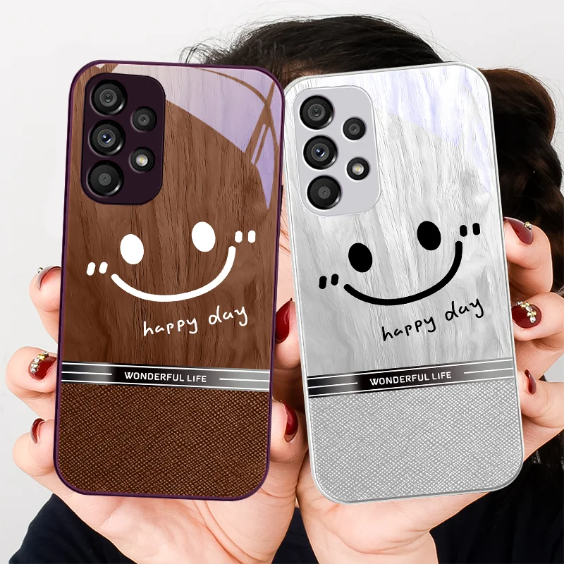 

Wooden grain smiling face for Samsung Galaxy S24 Plus S20 21 FE S23 Ultra S8 9 A70 72 73 50 51 52 53 Tempered glass phone case