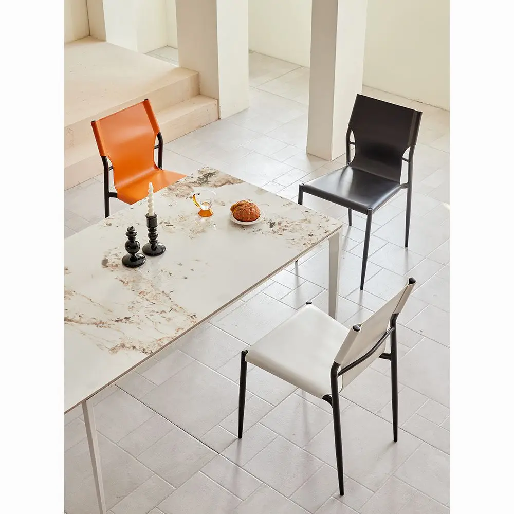 ee-Italian Saddle Leather Dining Chair Home Living Room Chair Minimalist Restaurant Cafe Casual