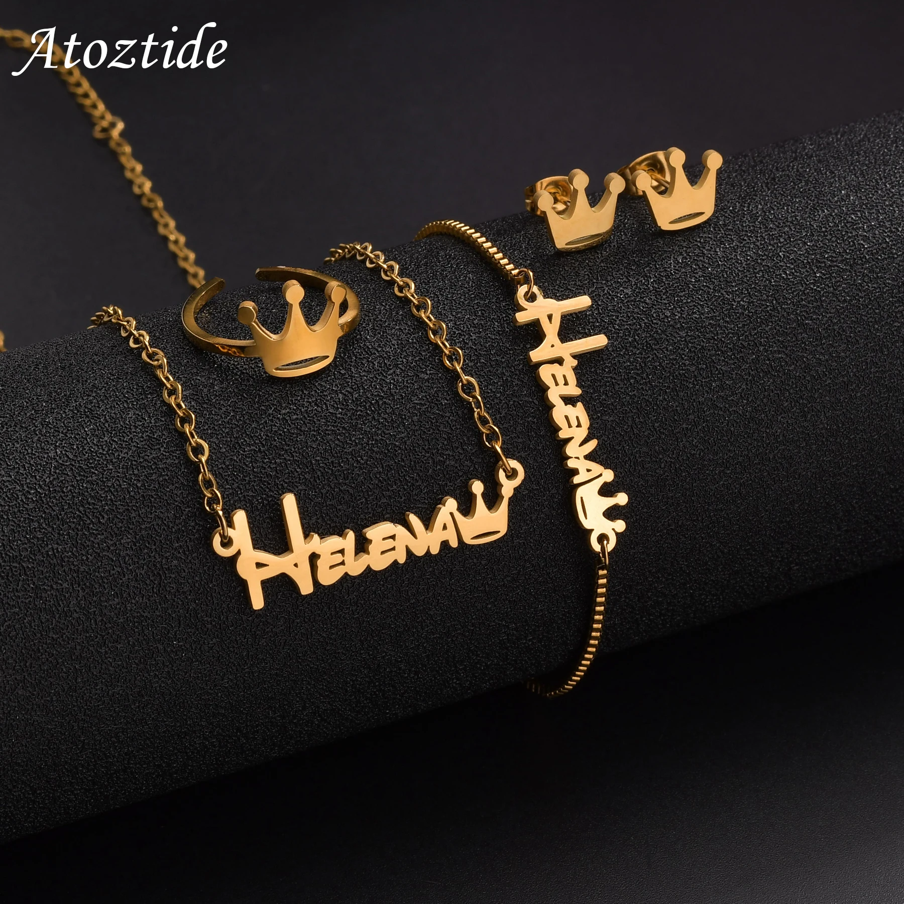 Atoztide Custom Name Jewelry Set Bracelet Necklace Rings Stud Earring Stainless Steel for Kids Baby Name Crown Birthday Gifts