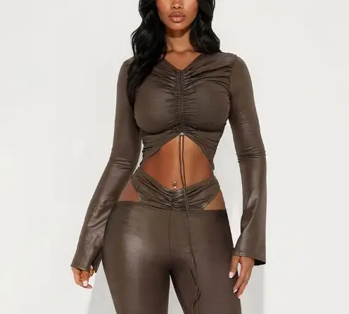 

Two Piece Set Women Outfit 2025 Spring Autumn Faux Leather Drawstring Pleated Crop Top & High Waist Hollow Flared Pants Set