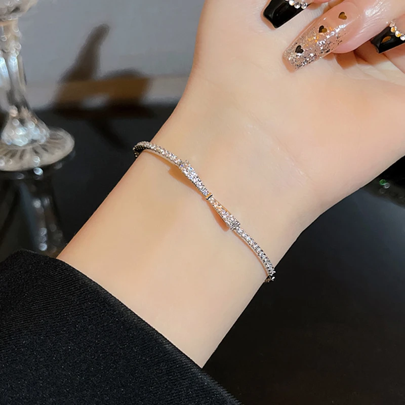 

925 Sterling Silver Shiny Zircon Bow Bracelet Simple Adjustable Bracelet For Women Birthday Party Gift Fashion Jewelry