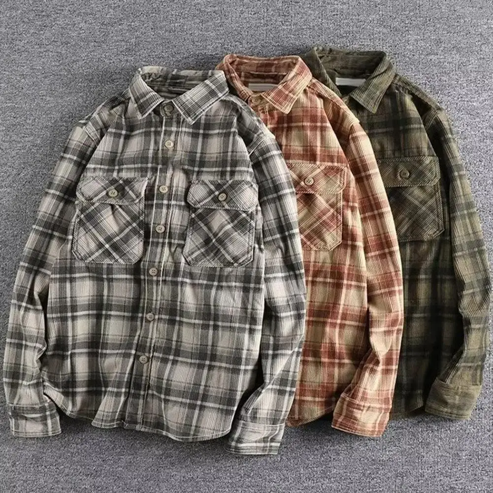 Single-breasted Shirt Stylish Fall Winter Men's Plaid Cardigan Single-breasted Loose Fit Mid Length Shirt Coat with for Formal