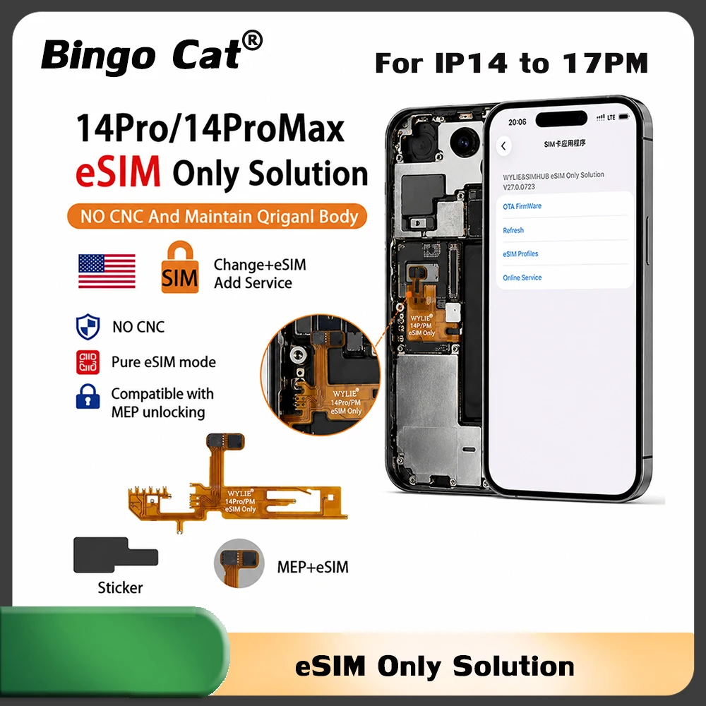 WYLIE New eSIM Unlocking Solution Only Flex Cable for iPhone 17 Pro Max 16 15 14 Plus No CNC Drilling No Physical SIM/Card Slot