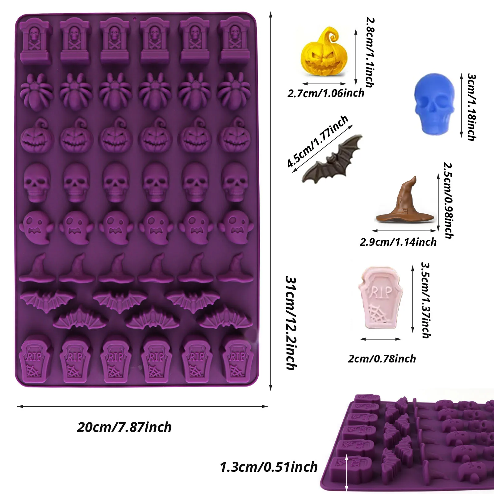 3 Arten von Halloween-Silikonformen zur Auswahl, aus lebensmittelechtem Silikonmaterial, antihaftbeschichtet und leicht zu entformen, hochtemperaturbeständig, geeignet für Schokolade, Süßigkeiten, Kuchendekoration und DIY-Backwerkzeuge. – Detail 4