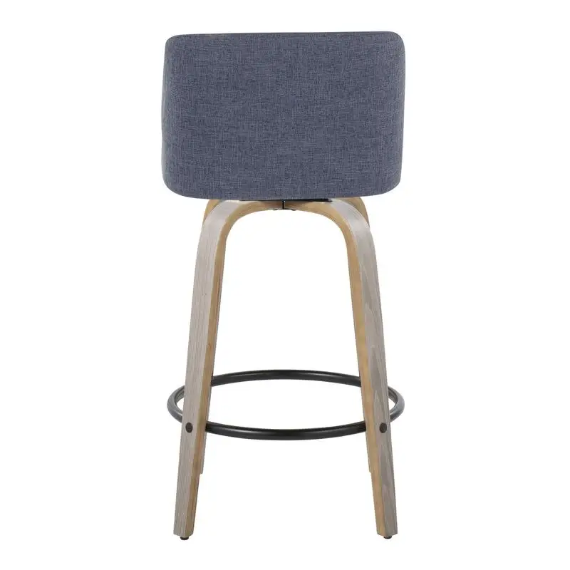 ชุดเก้าอี้เคาน์เตอร์แบบปรับความสูงได้รุ่นร่วมสมัยขนาด 26 นิ้ว จำนวน 2 ตัว พร้อมที่หมุนได้ ไม้สีเทาอ่อนและผ้าสีน้ำเงิน ที่พักเท้าโลหะสีดำทรงกลม