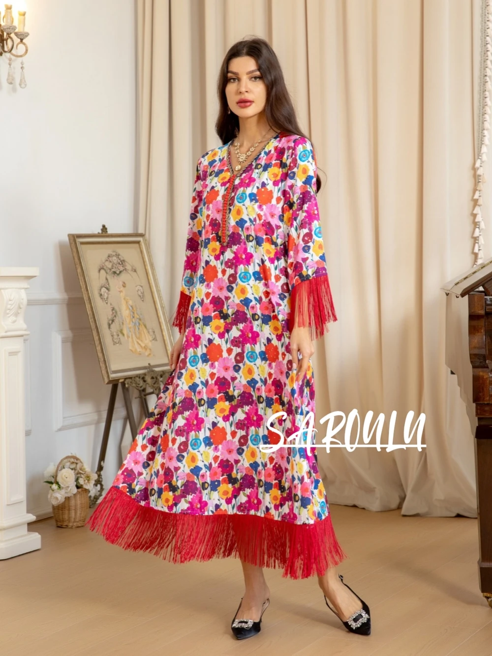 

Floral Printing Beaded V Neckline Evening Dress Muslim Classy Gilding Plus Size Robe Chic Tassel Kaftan Women Party Prom Gown