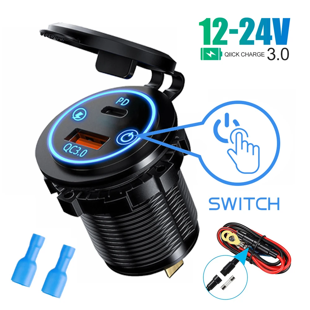 

PD QC 3.0 Fast Charging Socket 12V-24V Car Charger Dual USB Quickly Charger Adapter Outlet Power Light With Switch waterproof