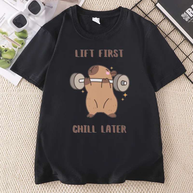 Capybara Gym T-Shirt for Men Women Sports Weightlifting Workout T Shirt Fitness T Shirt Top Crewneck Loose Cotton Tshirt Clothes