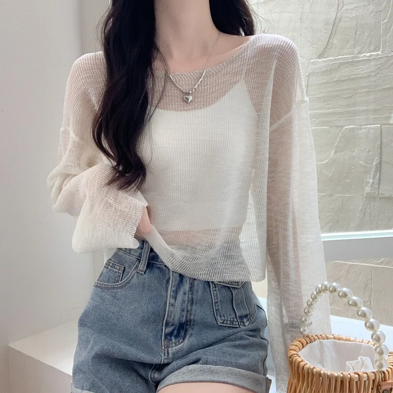 

Белая короткая вязаная накидка из ледяного шелка для защиты от солнца, женская летняя тонкая сетчатая полупрозрачная свободная верхняя одежда, кружевной топ