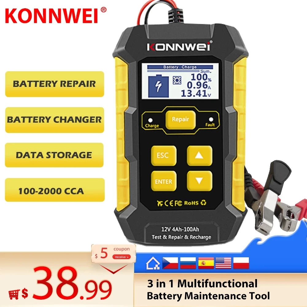 KONNWEI KW510 3 in Car Battery Tester Full Automatic Car Battery Repair Tool Load Test Cranking Test Battery Charger Test Tool