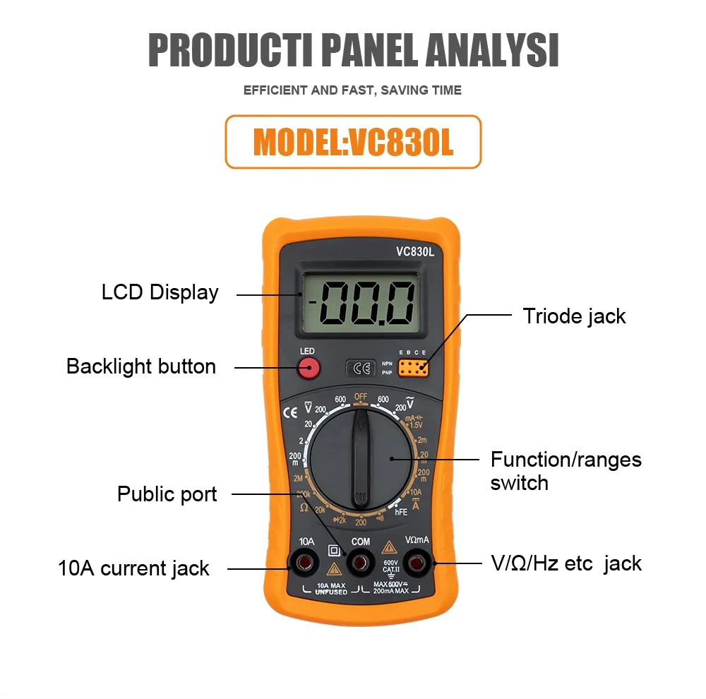 QHTITEC VC830L Digital Multimeter AC/DC Ammeter Volt Ohm Tester Meter Multimetro  With LCD Screen Backlight Portable Voltmeter