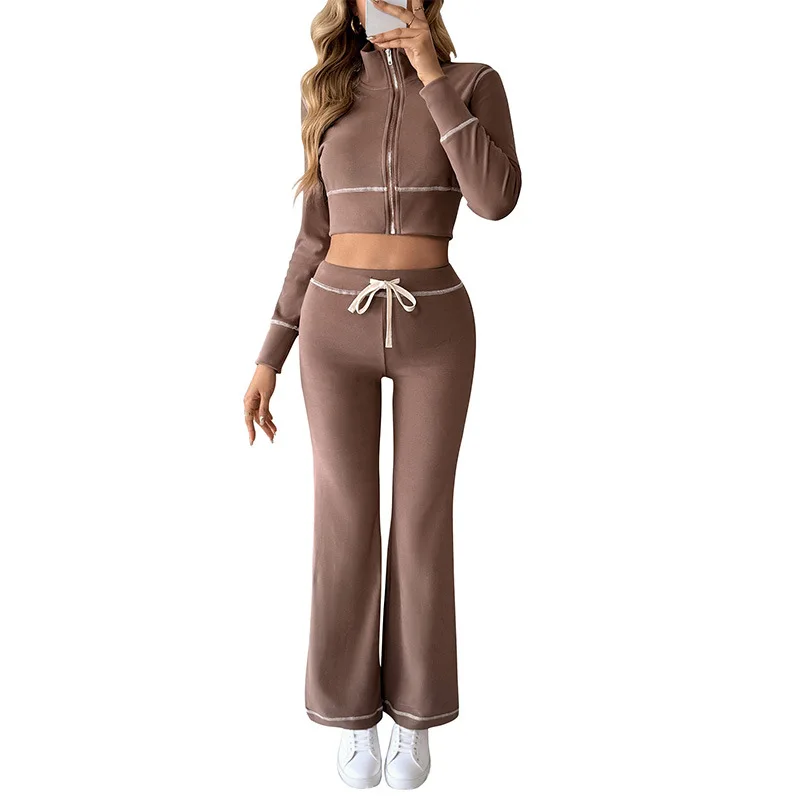 2025 Otoño e Invierno Tops cortos traje Casual mujer moda deportes chaqueta de manga larga pantalones conjunto de dos piezas